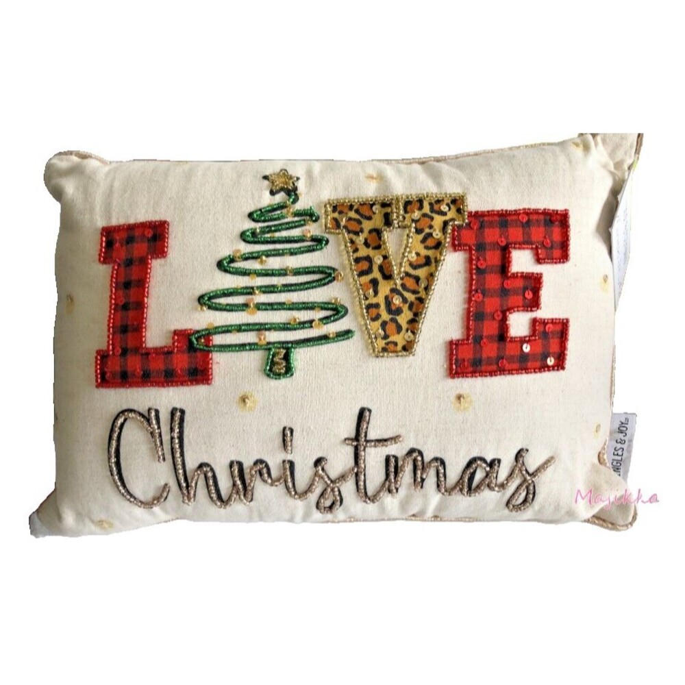 Jingles & Joy Love Christmas Throw Pillow Beaded Sequin Embellished 10"x14"